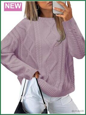Cable Knit Crewneck Oversized Sweater Loose Pullover for Fall Winter
